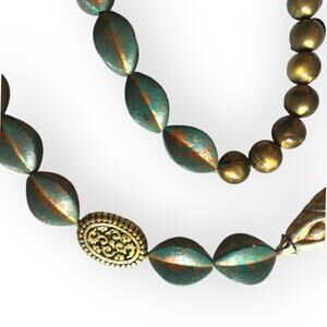 Teal / bronze / gold tone mixed textures statement necklace